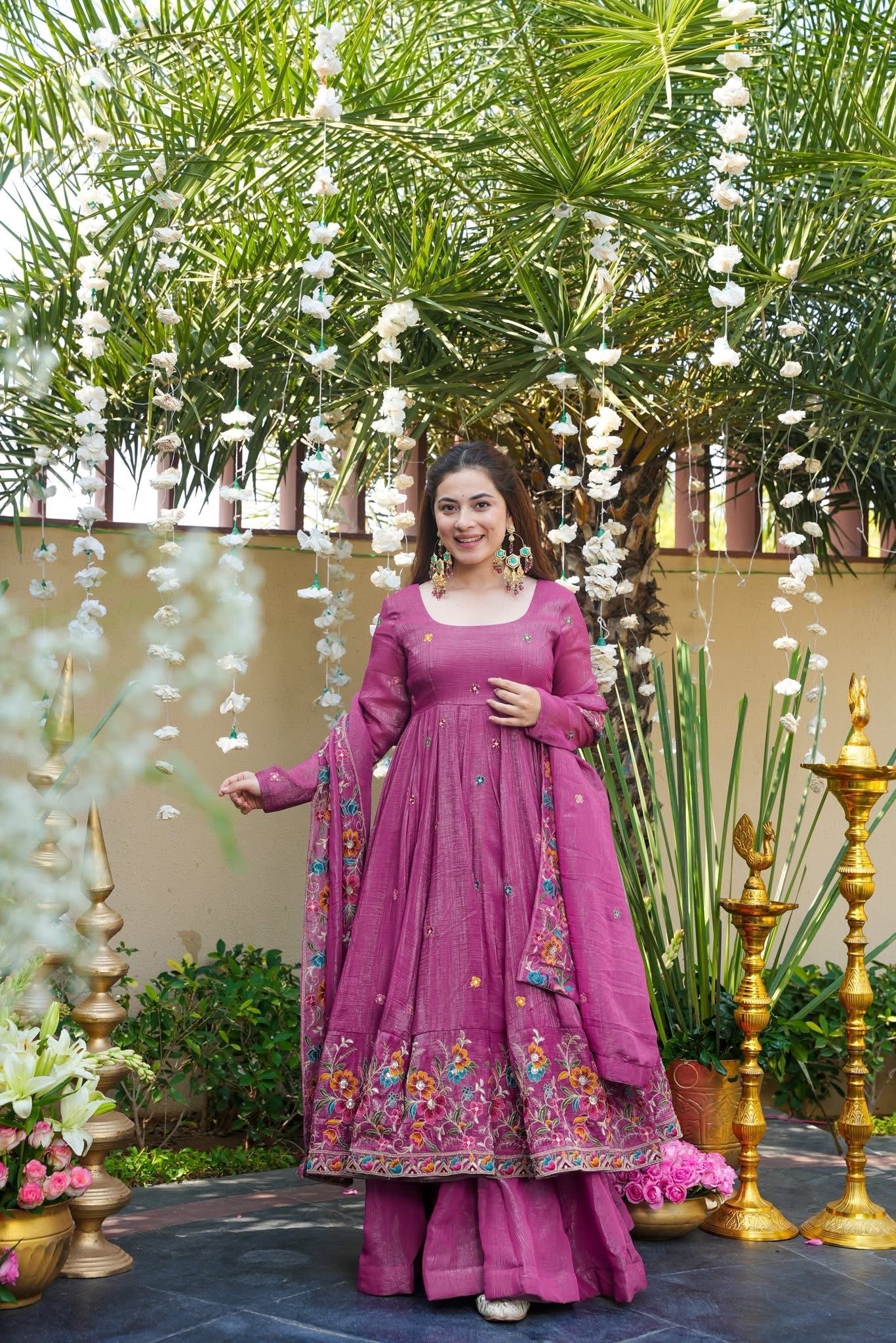 Beautiful Floral Embroidered Pink Anarkali Sharara Set