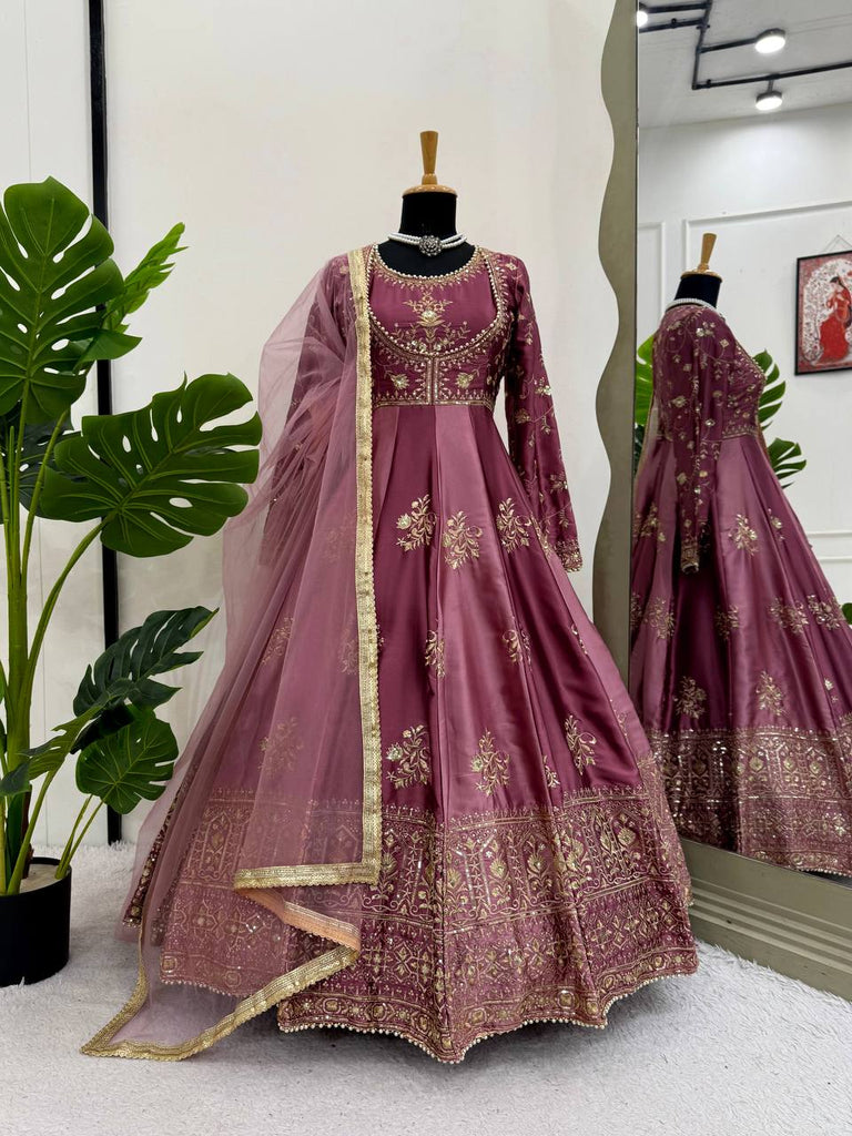 Onion Pink Japan Satin Anarkali with Sequins Work & Butterfly Net Dupatta