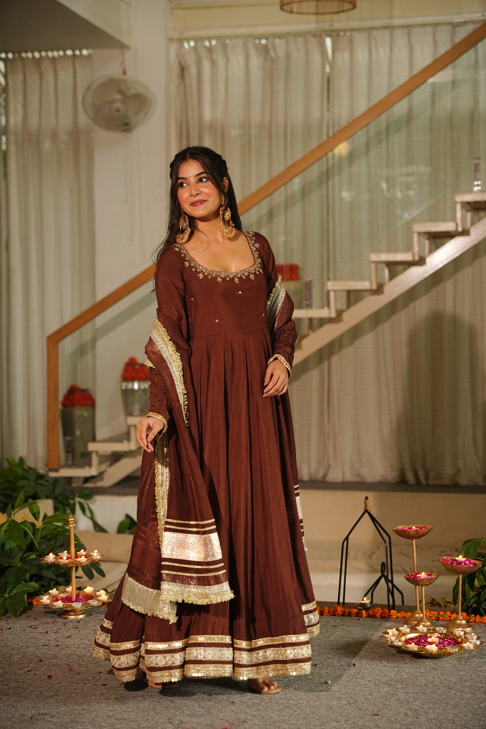 Beautiful Brown Lace Work Anarkali Suit Set
