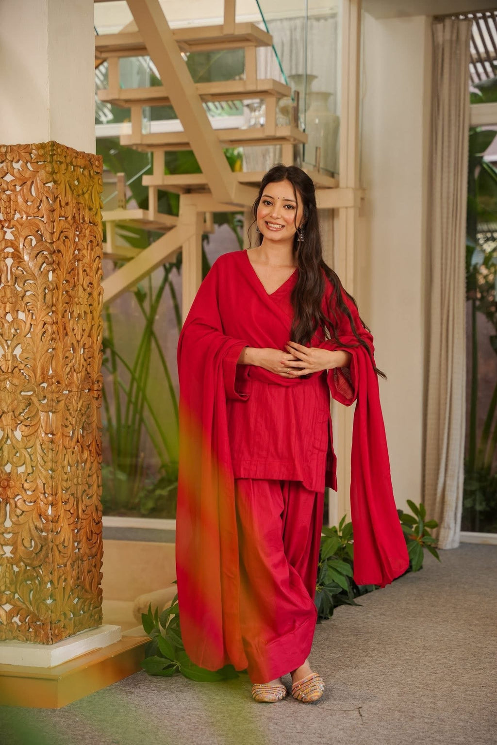 Red Cotton Farshi Salwar Suit Set