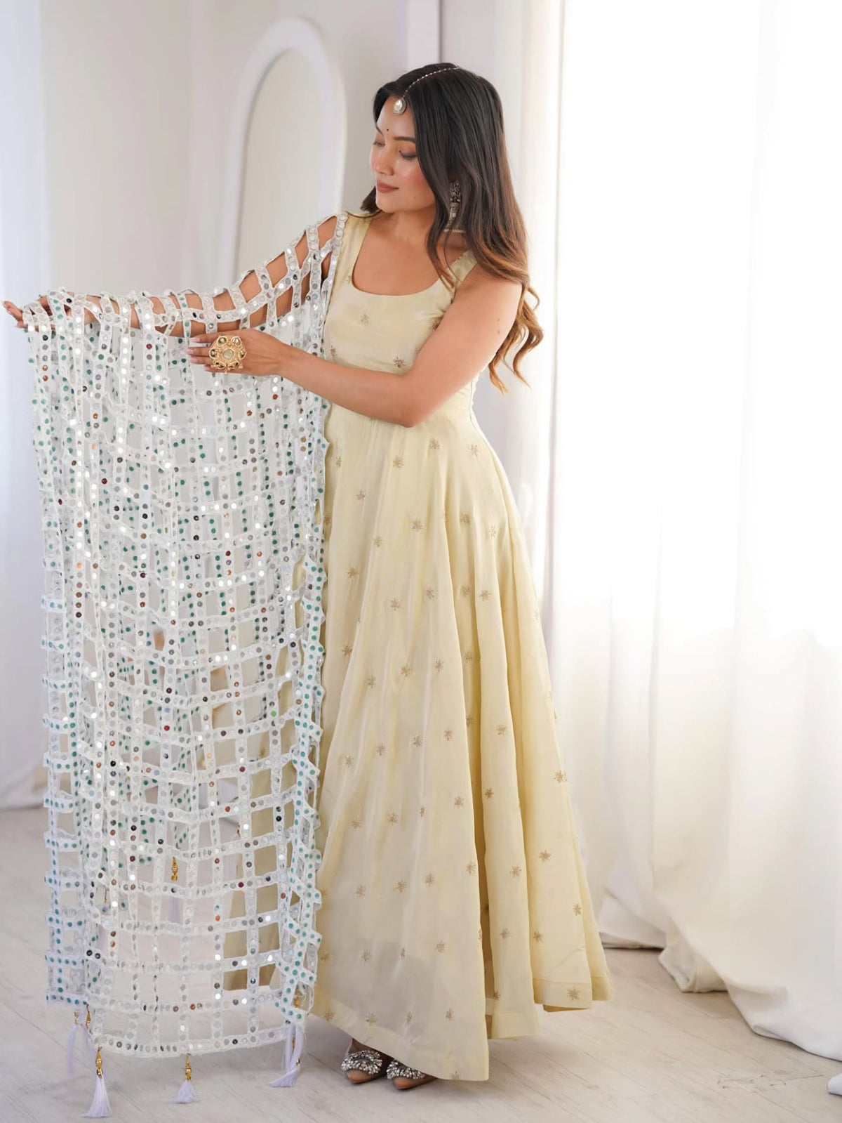 Beautiful Cosmos Silk Anarkali Suit With Trendy Mirror Work Duptta