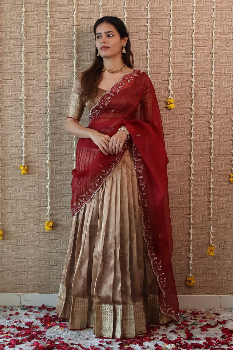 Temple copper Tissue Lehenga Set