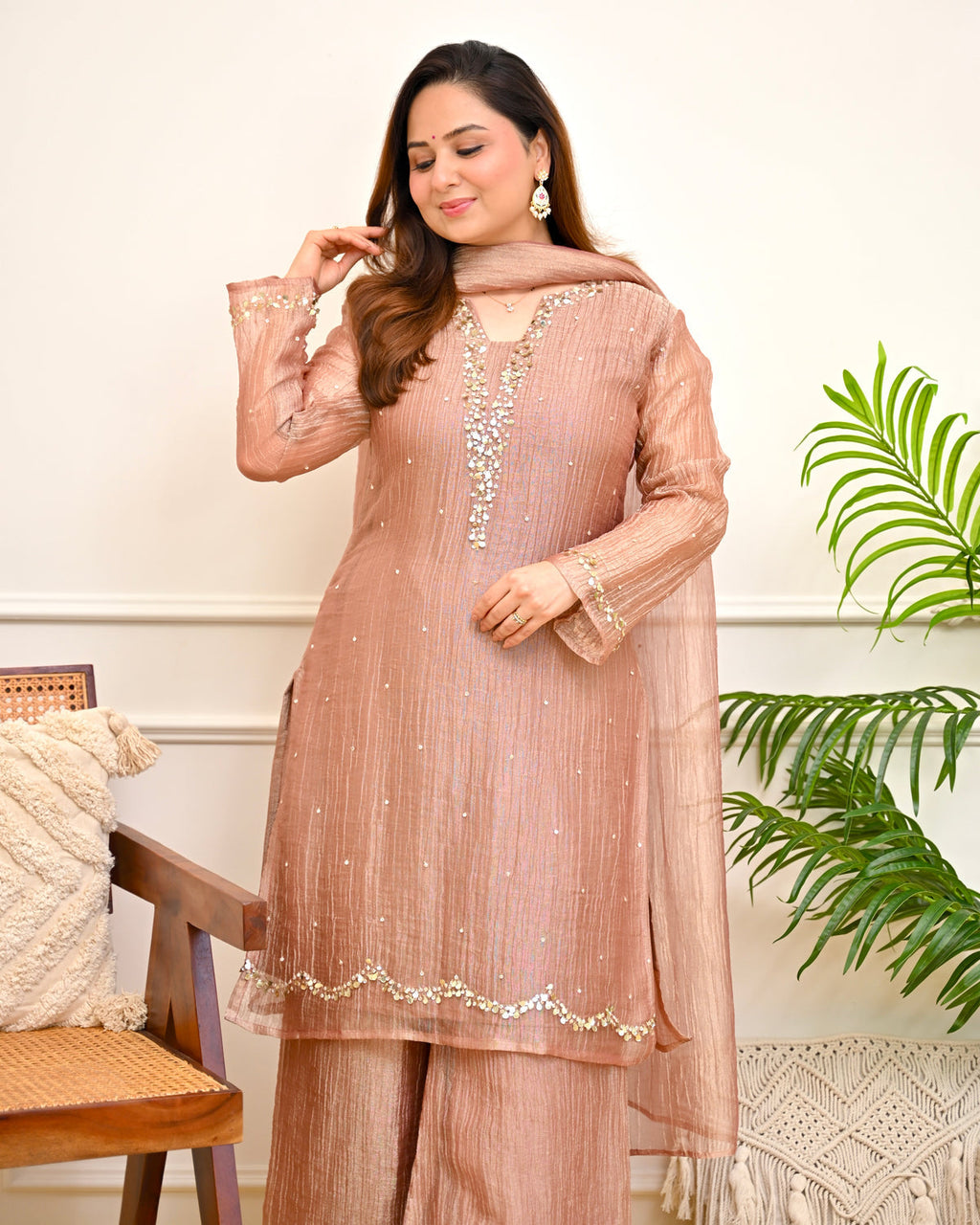 Rose Banarasi Crush Tissue Handwork Suit