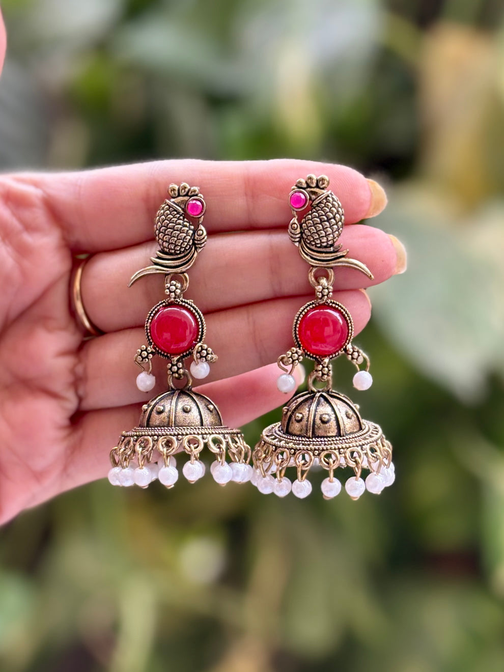 Antique Gold Peacock Ruby Pearl Jhumka Earrings