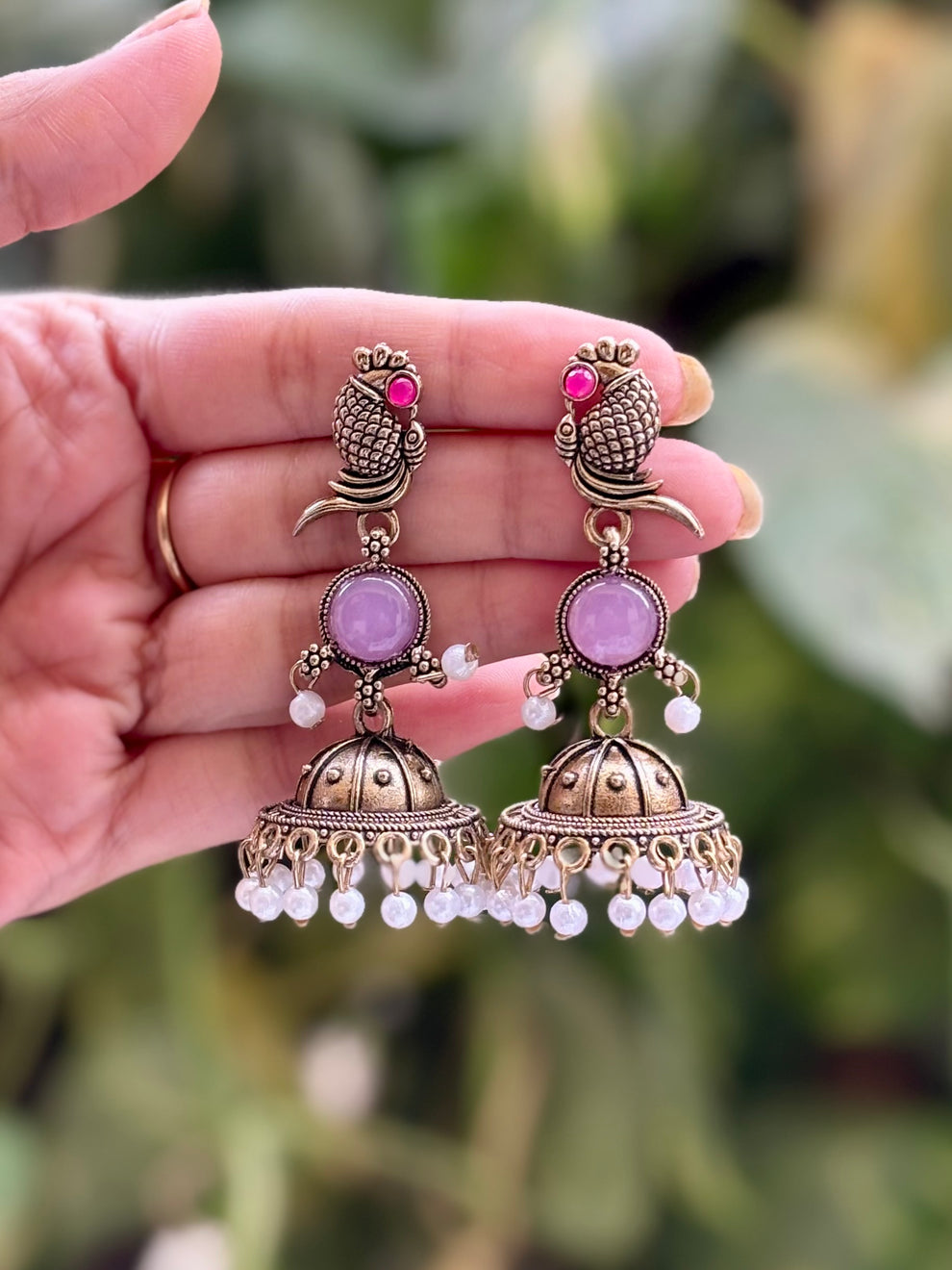 Antique Gold Peacock Ruby Pearl Jhumka Earrings