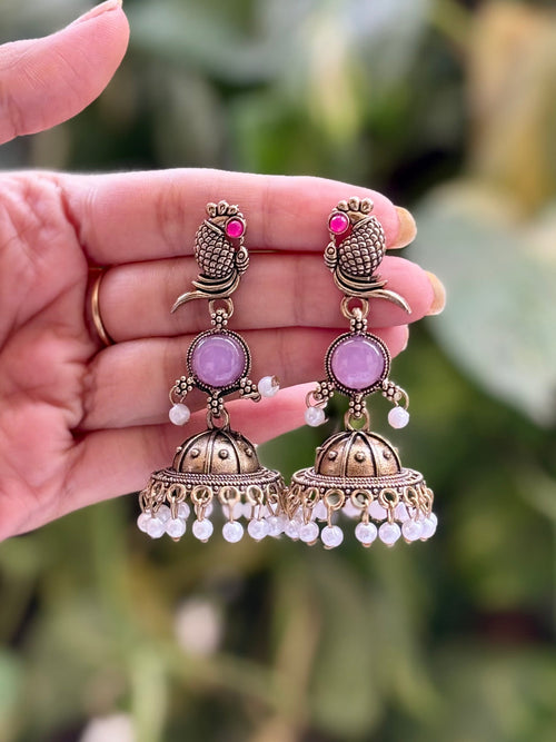Antique Gold Peacock Ruby Pearl Jhumka Earrings