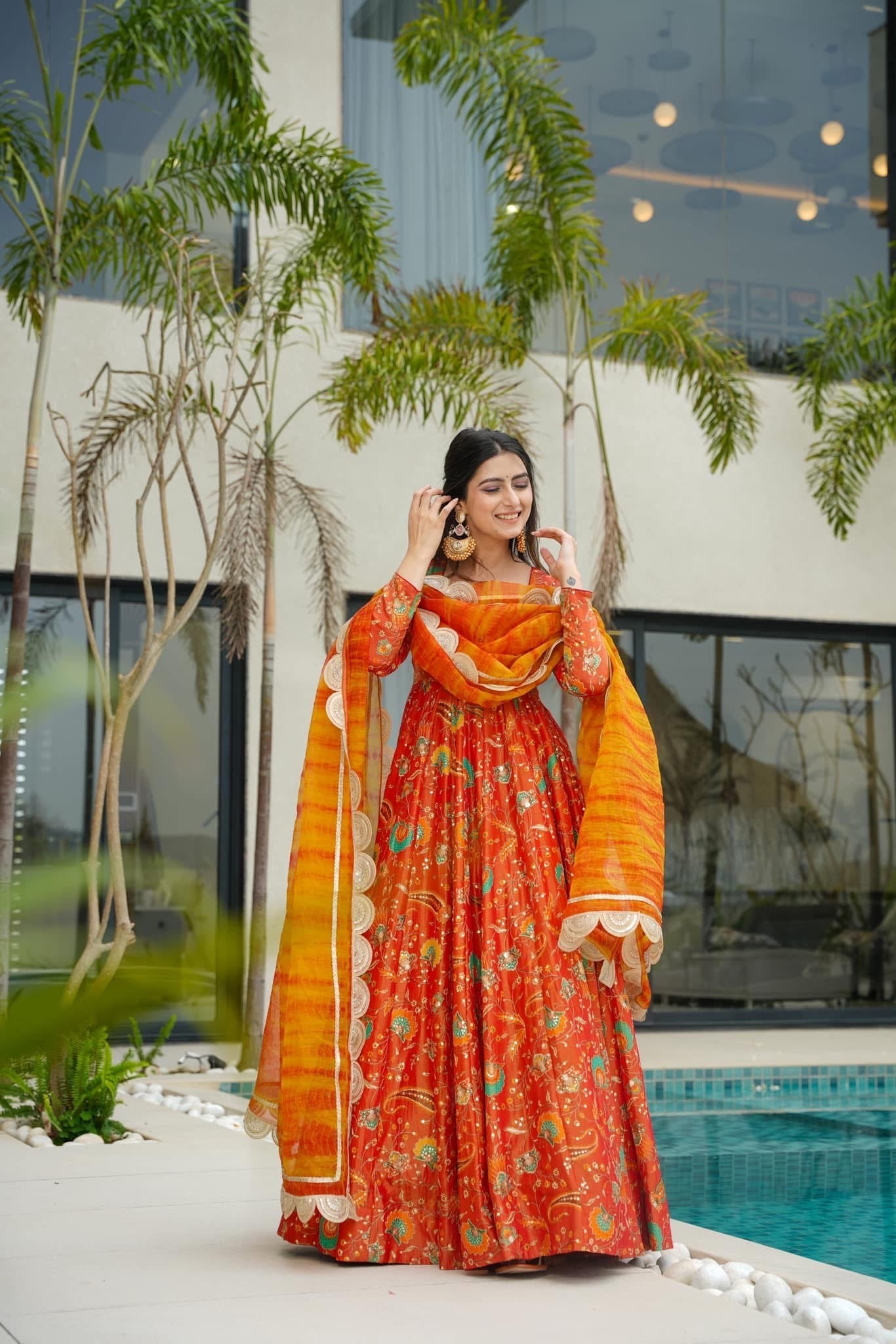 Sunset Bloom Printed Anarkali Set with Organza Dupatta