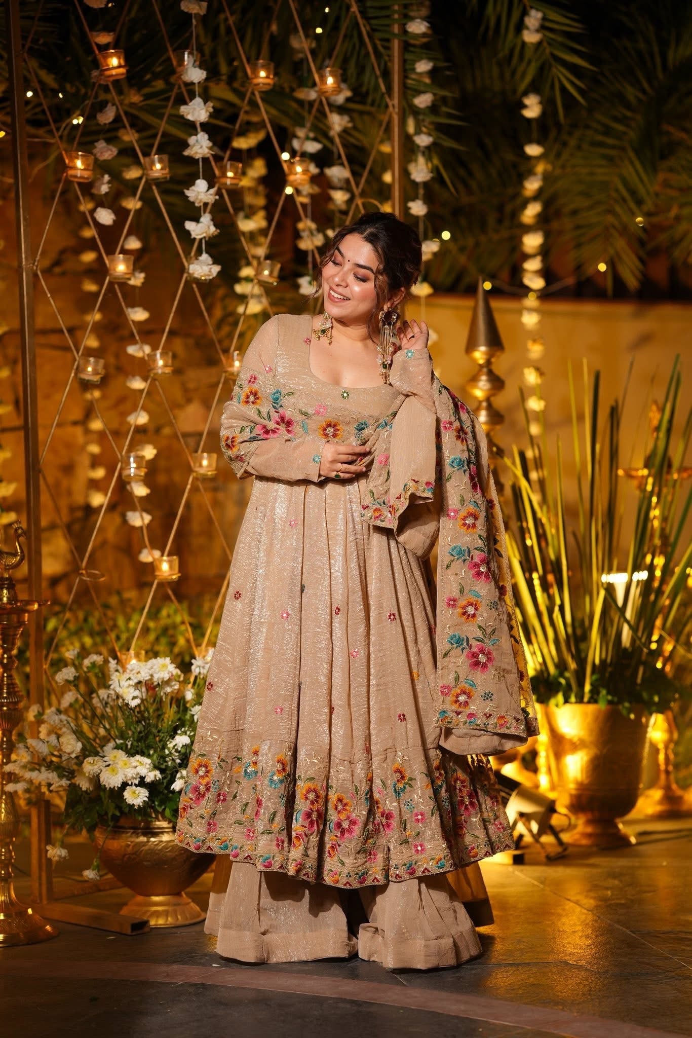 Beautiful Floral Embroidered Beige Anarkali Sharara Set