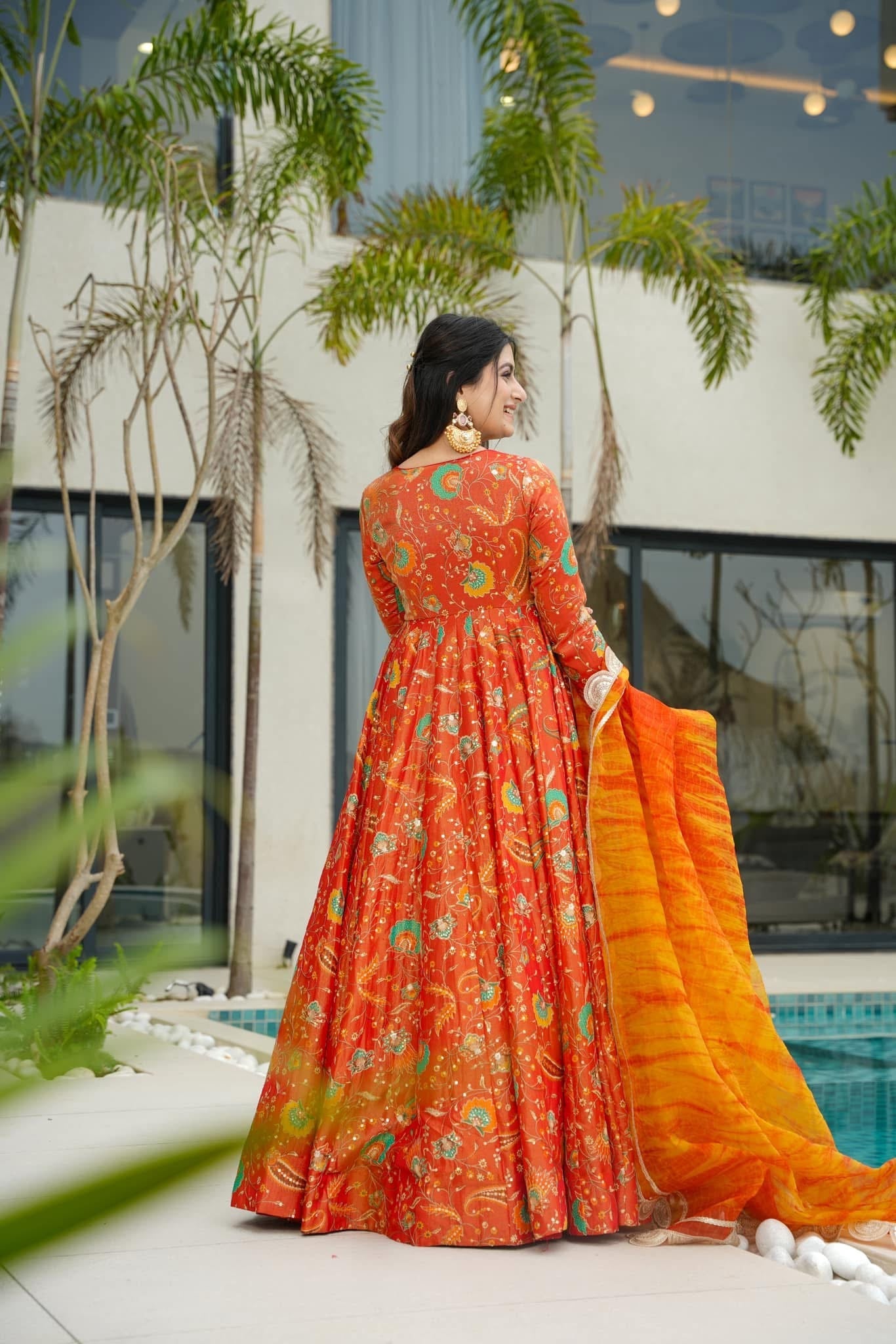 Sunset Bloom Printed Anarkali Set with Organza Dupatta